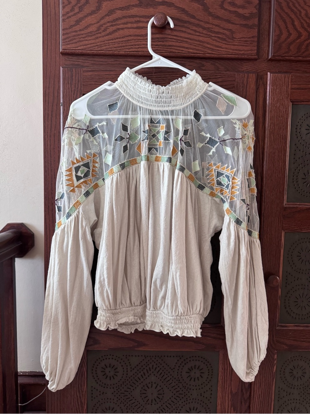 Free People Cream Sheer Yoke Embroidered Peasant Top